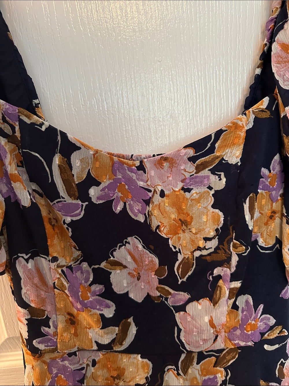 Lush Navy & Orange Women’s Cottagecore Floral Puff-Sleeve Tiered Maxi Dress Sz M - Picture 3 of 11
